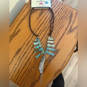 Idyllwind Turquoise Bar & Feather Necklace with Brown Cord